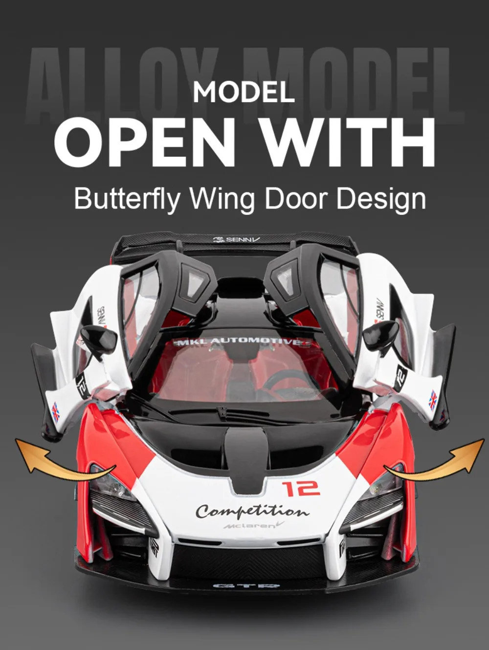 1:24 Senna GTR 720S Miniature Model Alloy Diecast Sports Car Toys Front Wheel Steering Sound Light Pull Back Boys Festival Gifts