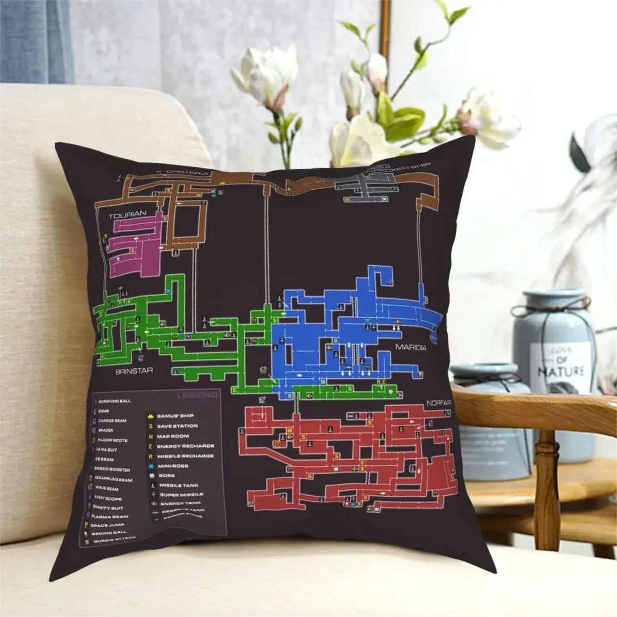 Super Metroid Map Square Pillowcase Polyester Printed Zip Decor Throw Pillow Case for Home Cushion Case 45*45cm