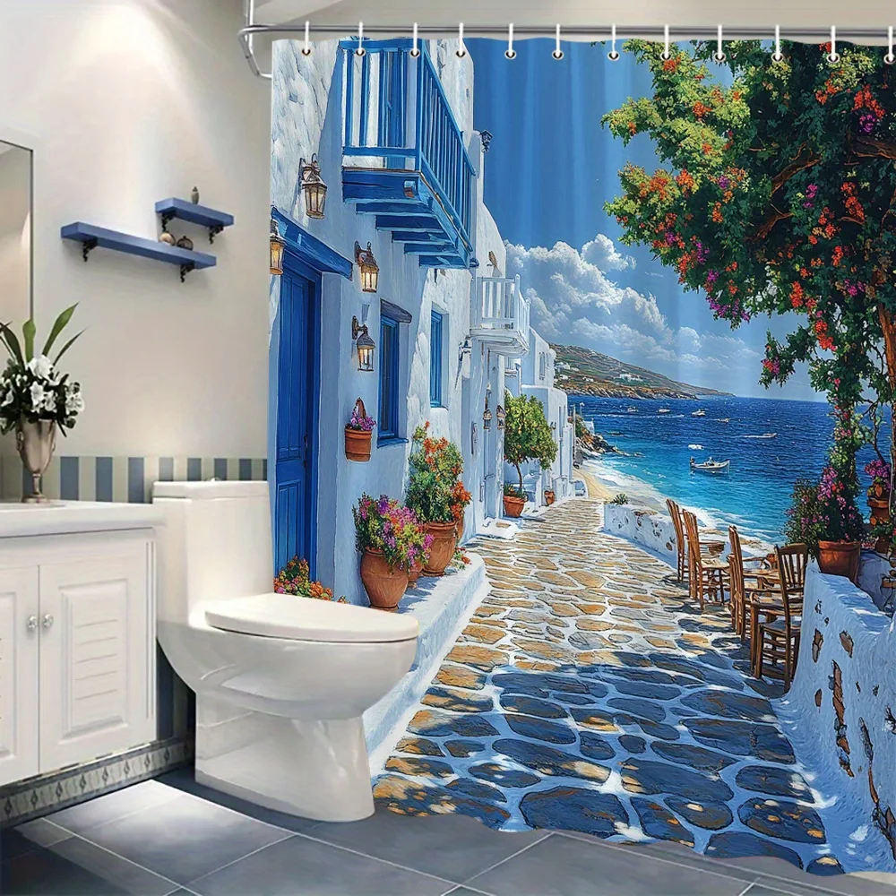 Waterproof Shower Curtain Mediterranean Blue Greek Village Coastal Bathroom Decor Summer Vacation Art Print Tapestry