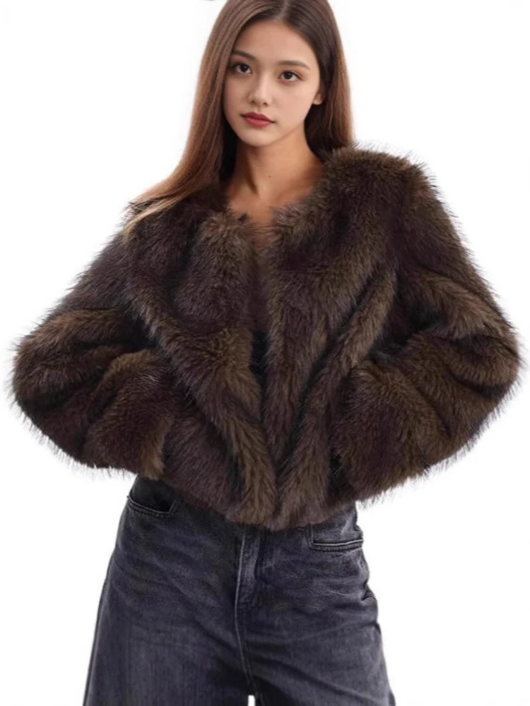 

Короткая куртка из искусственного меха Cafe с круглым вырезом Office Lady Furry Faux Fox Jackets Пушистые красные кардиганы Плюшевое пальто Толстая теплая верхняя одежда Повседневная