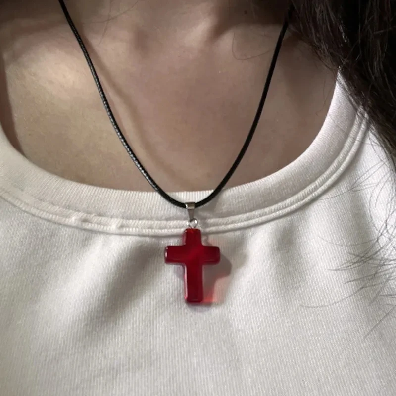 Gothic Vintage Red Glass Cross Pendant Black Bead Rope Chain Necklace For Women Men Y2K Aesthetic EMO Grunge Jewelry Accessories