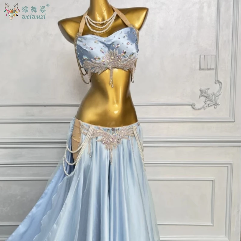 Bauchtanz-Kostüm-Set, individuelle Gestaltung, luxuriöser Diamant-BH + sexy geteilter langer Rock, 2-teilig, orientalische professionelle Performance-Kleidung