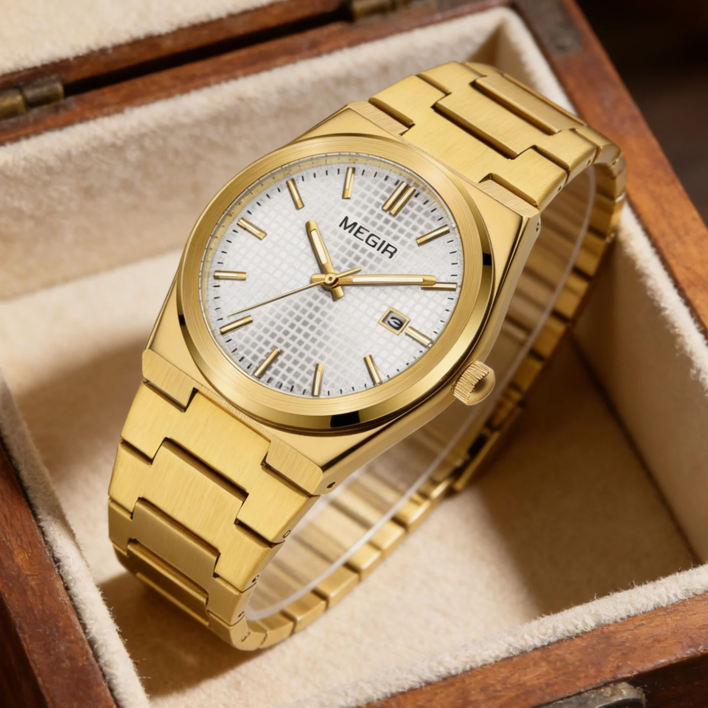 MEGIR Brand Men's Business Wristwatch Stainless Steel Strap Quartz Casual Watch Waterproof Calendar Simple Clock Gift for Man