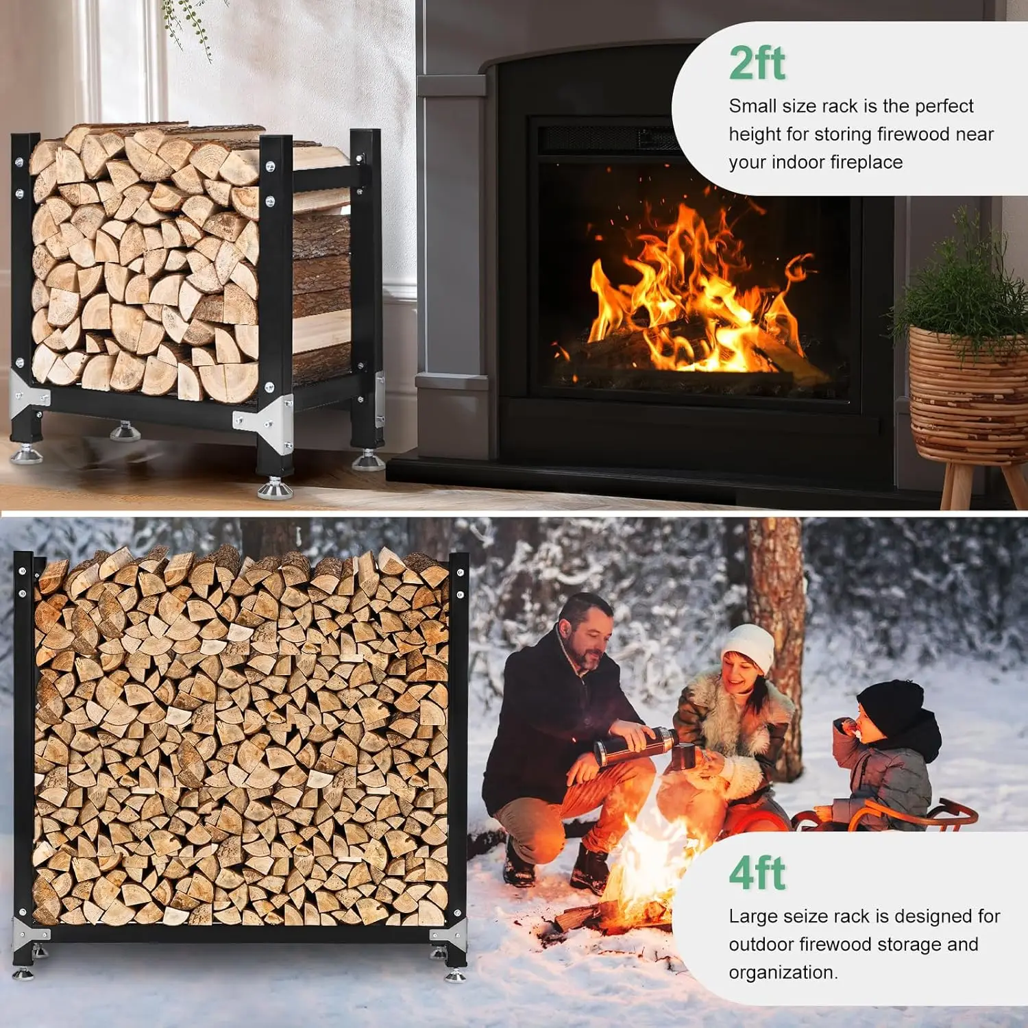 Indoor & Outdoor 4ft Firewood Rack, Upgrade Heavy Load-Bearing, Anti-Slip Adjustable Pad