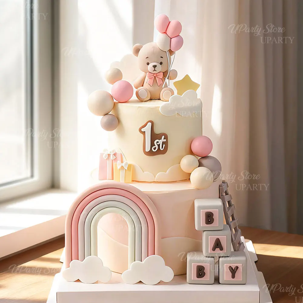 Luftballons Bär Kuchen Topper Erröten Rosa Kugeln Weiße Wolke Bär Halten Luftballons Kuchen Dekoration für Geburtstag Baby Dusche Dekor – Detail 7