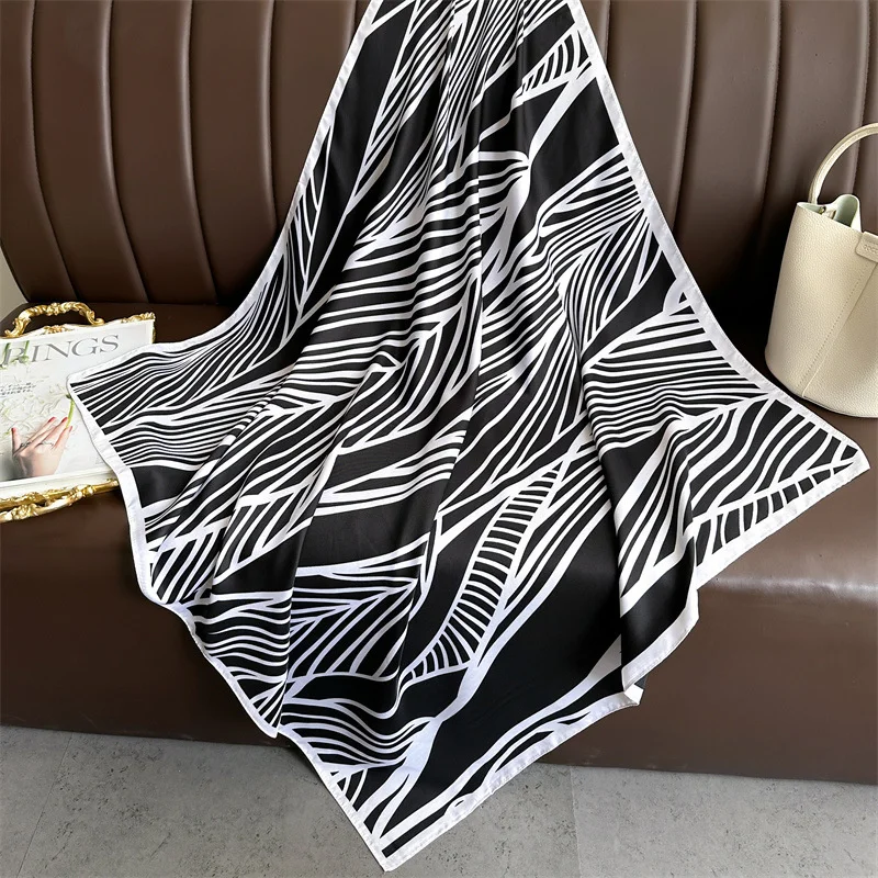 90*90cm Square Luxury Brand Women Scarf Silk Striped Print Designer Hijabs Female Neckerchief Scarves Wrap Headband Bandana