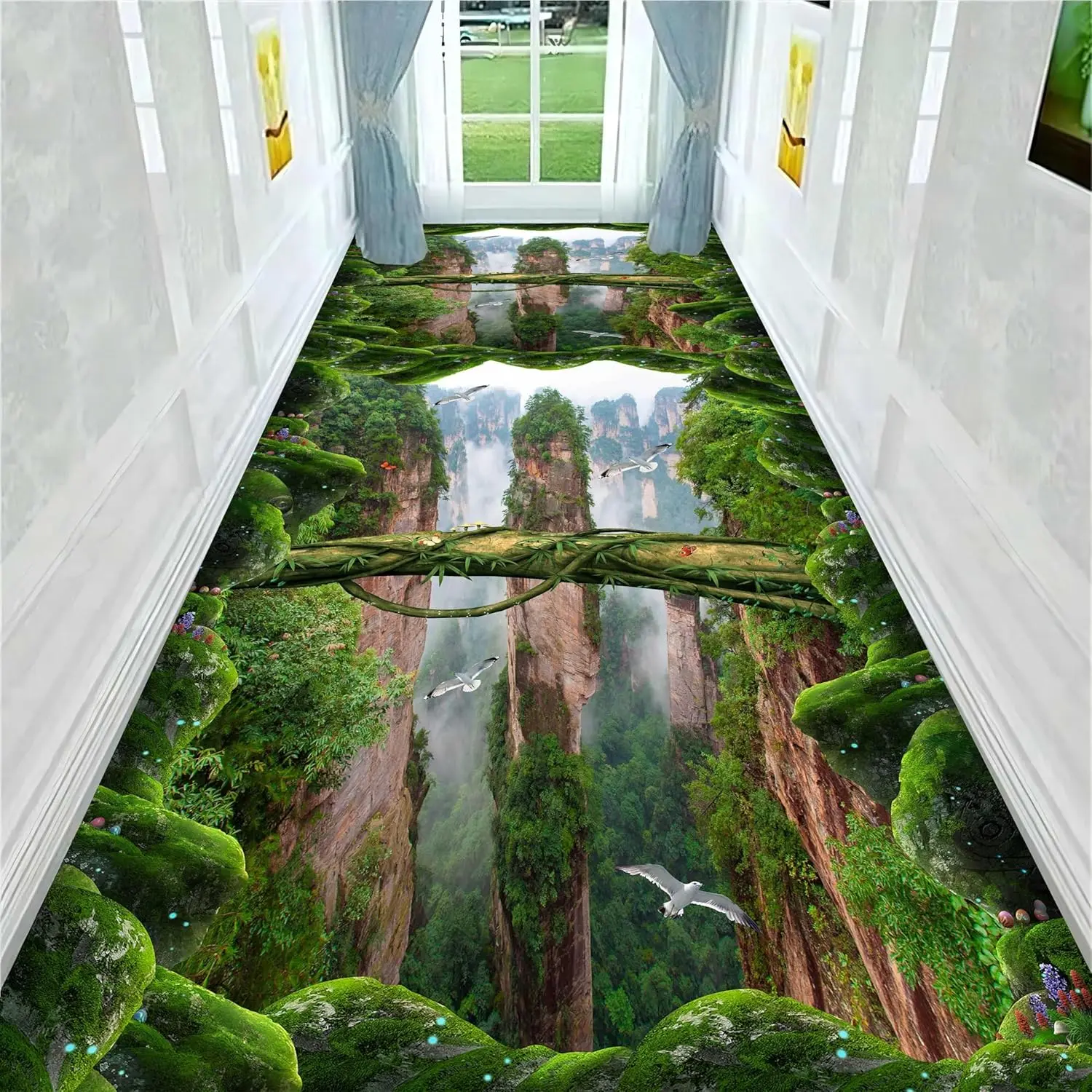 

Optical Illusion Area Rug,3D Green Corridor Rugs with Prints Like Cliffs Flying Cranes and Green Plants, Abstract Decorative
