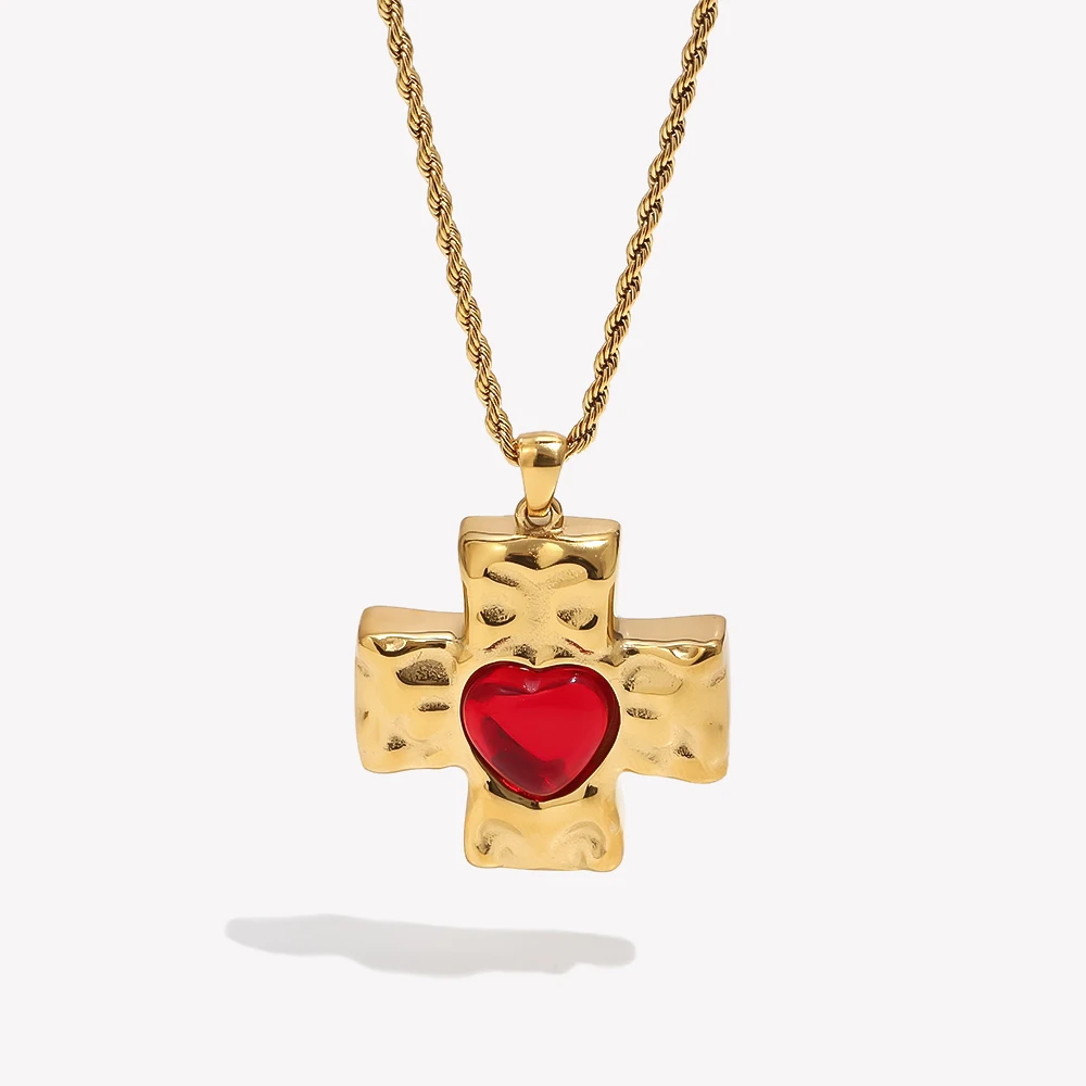 E.B.belle Hammer Pattern Heart Shape Agate Stone Pendant Necklace Stainless Steel 18k Gold Plated Cross Jewelry For Women Charm