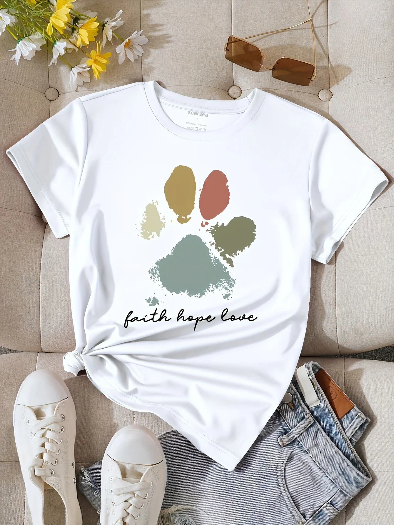 Plus Size Women's Loose Casual Crew Neck T-Shirt with Cartoon Print Medium Stretch Short Sleeve Regular Fit All Seasons