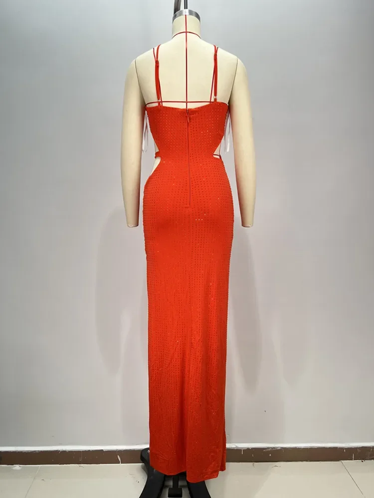 Sexy Sleeveless Cut Out Orange Rhinestone Maxi Long Bodycon Dress Women 2024 Elegant Gown Party Evening Stage Costume Vestido