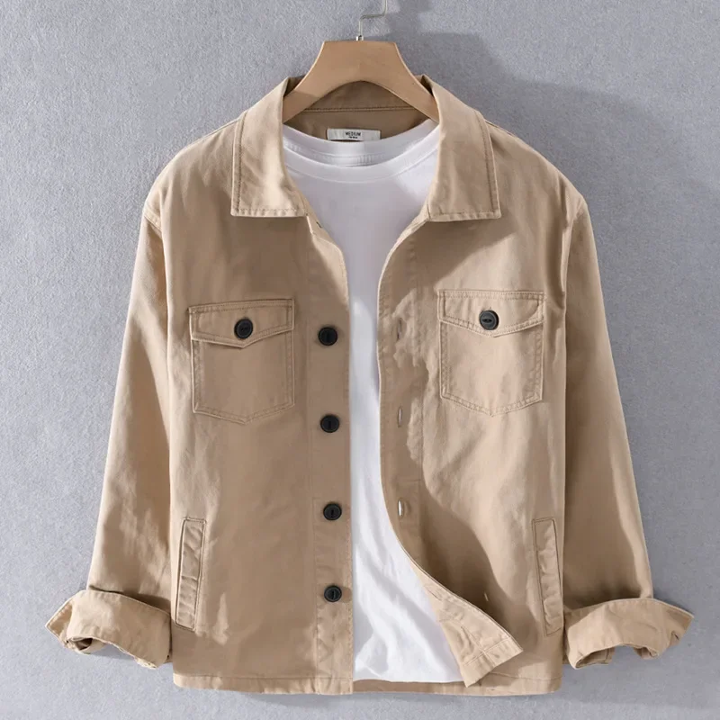 

100% Cotton Tooling Japanese Jacket, New Coat Men's Long Sleeve Khaki Shirt, Casual Cotton Comfortable Thick Shirt camping