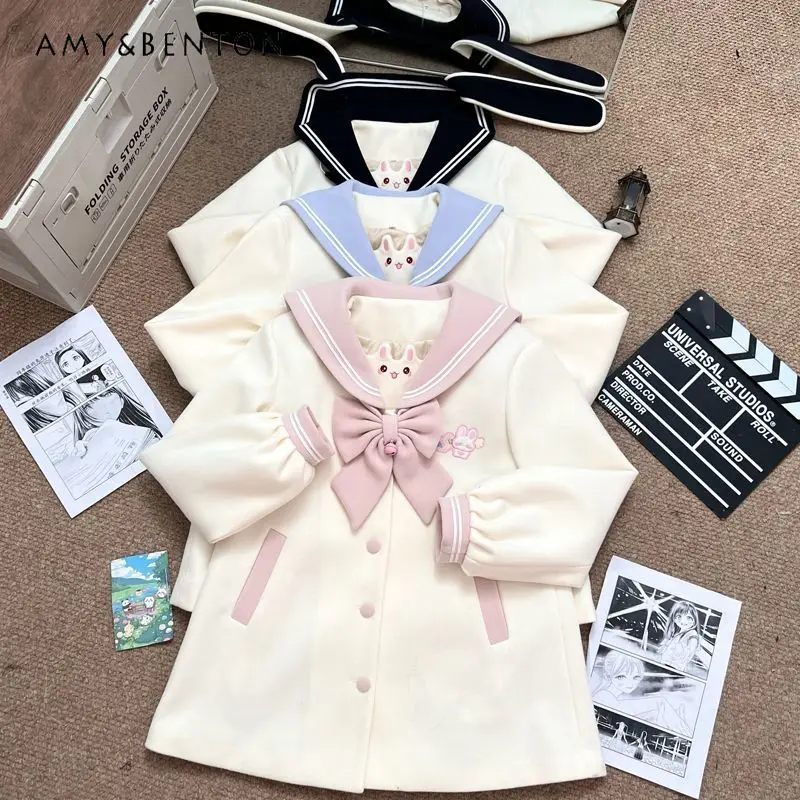 

Original Kawaii JK Uniform Coat Japanese Cute College Style Bow Patchwork Rabbit Ears Navy Collar Thickened Woolen Jacket Women