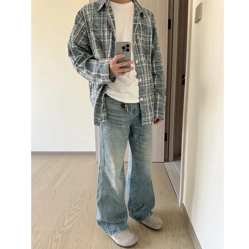 

Светло-голубые мужские джинсы 2024 года, новые американские модные брюки из бамбукового волокна, прямые, слегка расклешенные, с высокой талией, на молнии