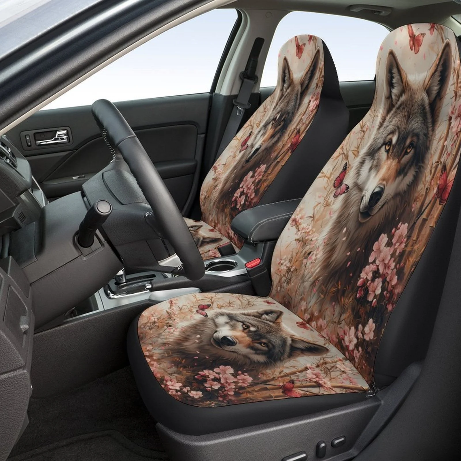 Fit Wolf In Blossom Garden Car Seat Cover Set For Most Vehicles - Full Set For 2 Front & Rear Seats With Wolf & Blossoms Design,
