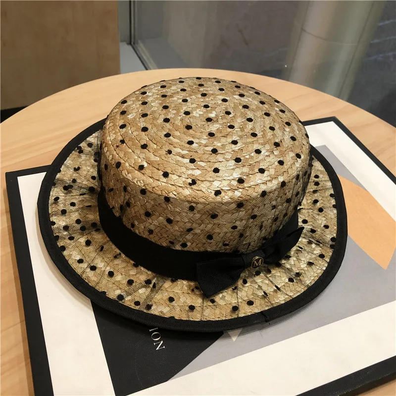 Designer Brand Temperament Wavy Dot Net Yarn Casual Straw Hat Women\'s Summer Outing Straw Straw Flat Top  Sun Caps for Women