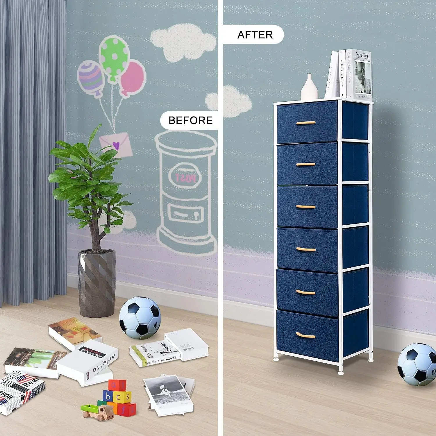 Dresser Storage Tower, 6 gavetas organizadoras de tecido, peito largo de gavetas para armário, meninos e meninas quarto, móveis de cabeceira