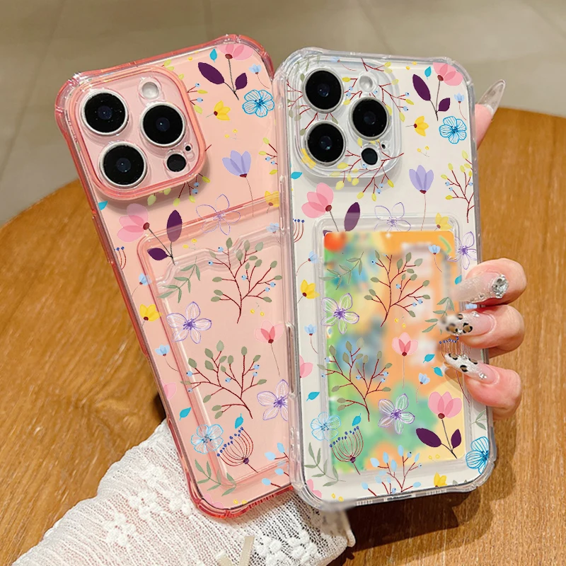 Clear Flowers Patterned Card Holder Phone Case For iPhone 17e 17 16 15 14 13 Pro Max 15 16 17 Pro 16e 12 11 Soft Card Bag Cover