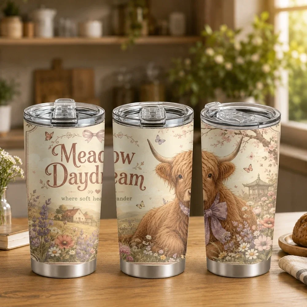 Highland Cow Floral Word Prints Vacuum Flasks 20oz Coffee Tumbler With 2 Lids & Straw Stainless Steel Vacuum Insulated Mug