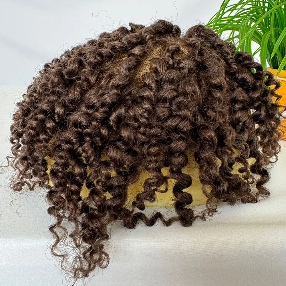 Heren Toupetje Krullend Menselijk Haar Pruiken Vervanging Full Zwitserse Kant Toupetje Haar Stuk Voor Zwarte Mannen Pruik 10X8Inch Bruin #4 Kleur