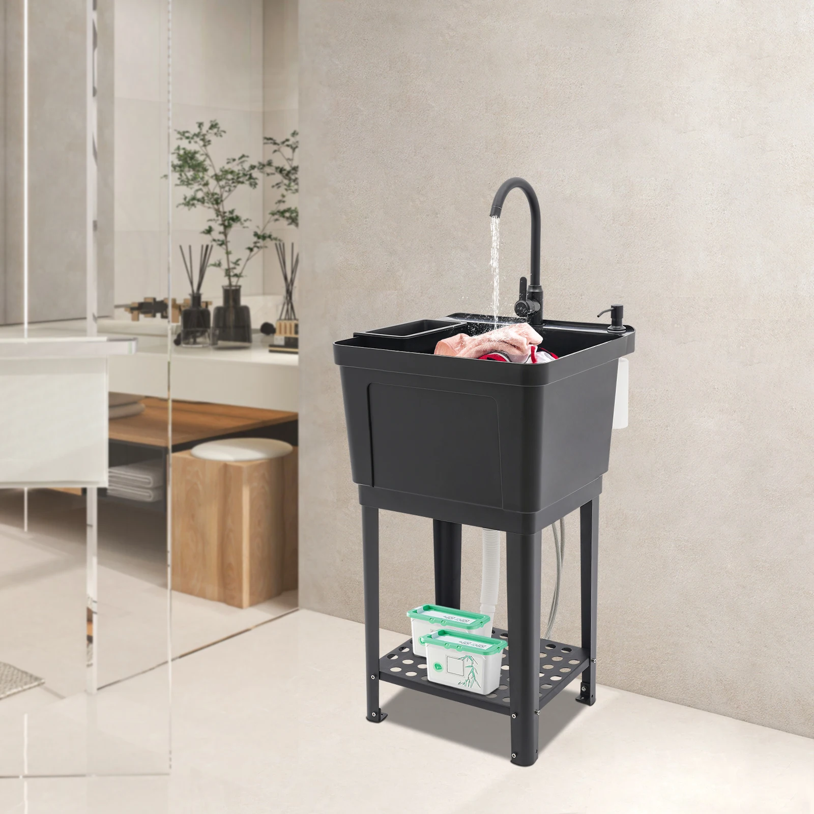 

Easy-Clean Black Modern Freestanding Sink - Smooth Surface&Bottom Storage Rack, Generous Appearance Blends Into Various Spaces