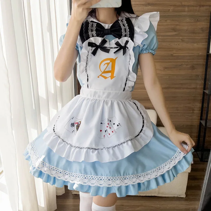 Disfraz de Lolita para niñas y mujeres, vestido de sirvienta con cartas de juego de Alicia azul, disfraz de escenario para fiesta de mucama de póquer Alice