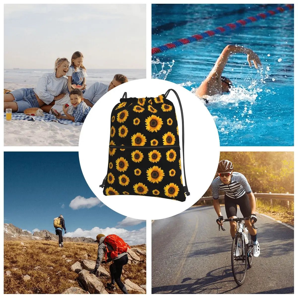 Sacs à dos à motif de tournesol pour hommes et femmes, sac à cordon de proximité multifonctionnel, poche groupée, sacs de soleil officiels pour voyage, sport