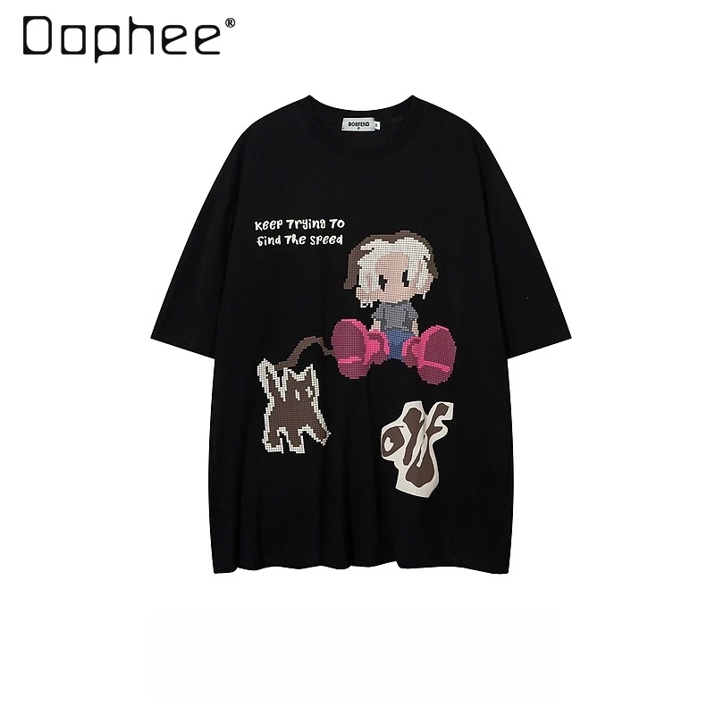 

Summer New American Style Cartoon Print Men's Round Neck Short Sleeve Black Apricot T-Shirt Loose Casual Couple Rose Red T-Shirt