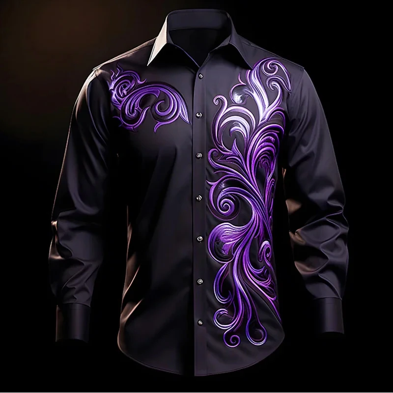 

Men's Shirt Blue Purple Flame Pattern 3d Print Shirts Men Fashion Hawaiian Shirt Casual Beach Long Sleeve Blouse Lapel Shirt