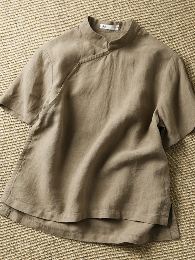 

Китайский Sle Ретро Льон ort Sve irt Женский летний однотонный воротник-стойка для похудения Хлопковый льняной топ Тонкий