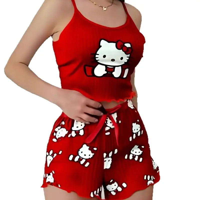 Kawaii سانريو مرحبا كيتي تي شيرت قصيرة الأكمام الصيف الكرتون قطعتين ملابس رياضية لليوجا السراويل الرياضية دعوى مثير الحمالات منامة البدلة