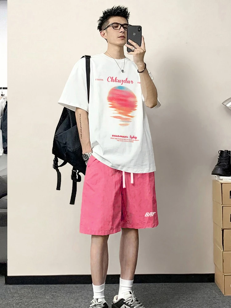 Man Sets Cotton Graphic Print White Sports T-shirts Shorts Suits for Men Korean Two Piece Set Outfit Cool 2024 Trend Chic Style