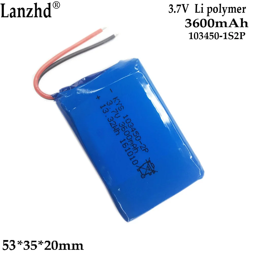 3.7V polymer lithium battery pack For Beauty instrument Medical equipment Massager Rechargeable lithium battery 103450-2P 3600mA