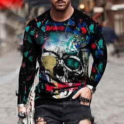 O-Neck Long Sleeve Plus Size T-shirt Men's Clothing Retro Men's Long Sleeve T-shirt 3D Printing Skull Long T-shirt Men's Street