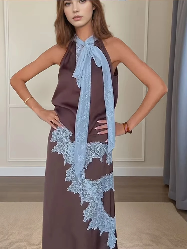 

Contrast Patchwork Lace Maxi Skirt Suit Women Satin V-neck Sleeveless Skirts Suits Lady Summer Casual Daily 2 Pieces Set