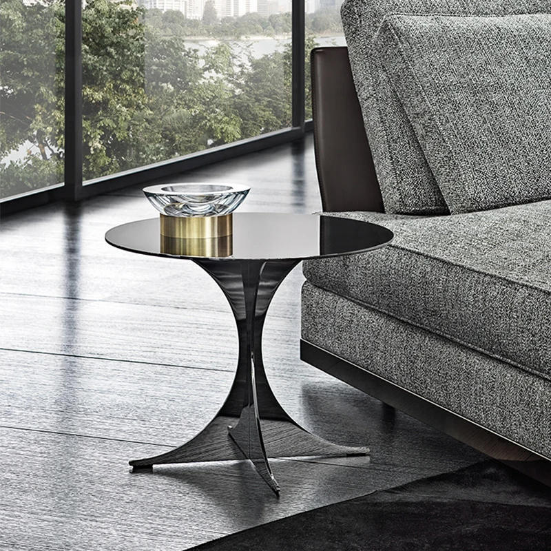 

Italian minimalist combination mirrored round side table silver metal stainless steel coffee table