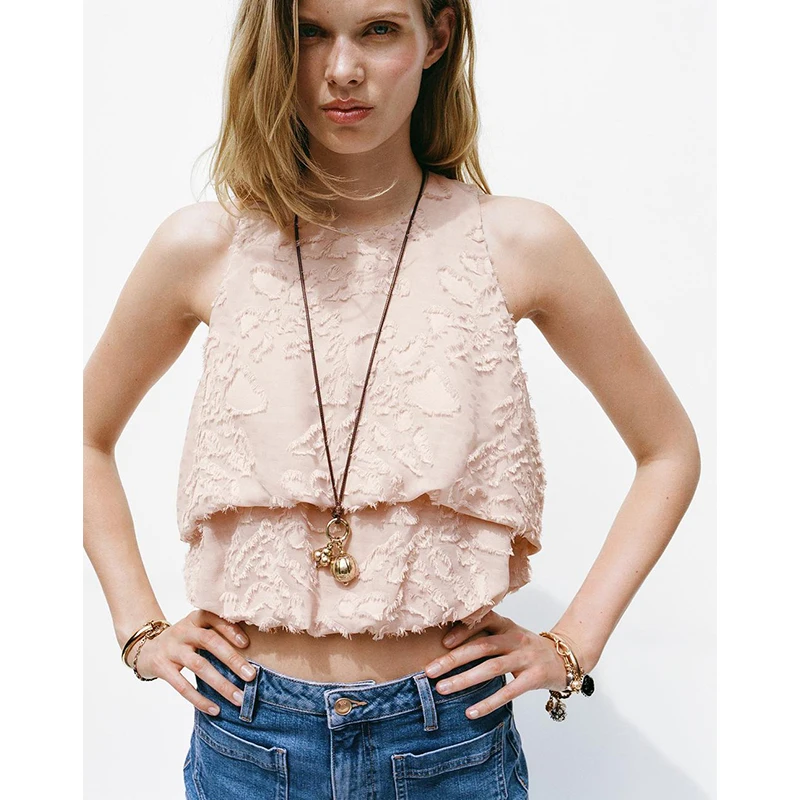 

Summer New Women's round Ne Svel Tassel Decoration Balloon Hem Texture Top Casual Loose Fit Polyester Fiber UV Protec...