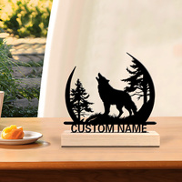 1pc Fashion Personalized Custom A Wolf Is Howl Metal Statues Metal Art With Wooden Base  Suitable For Office Bedroom Living Room
