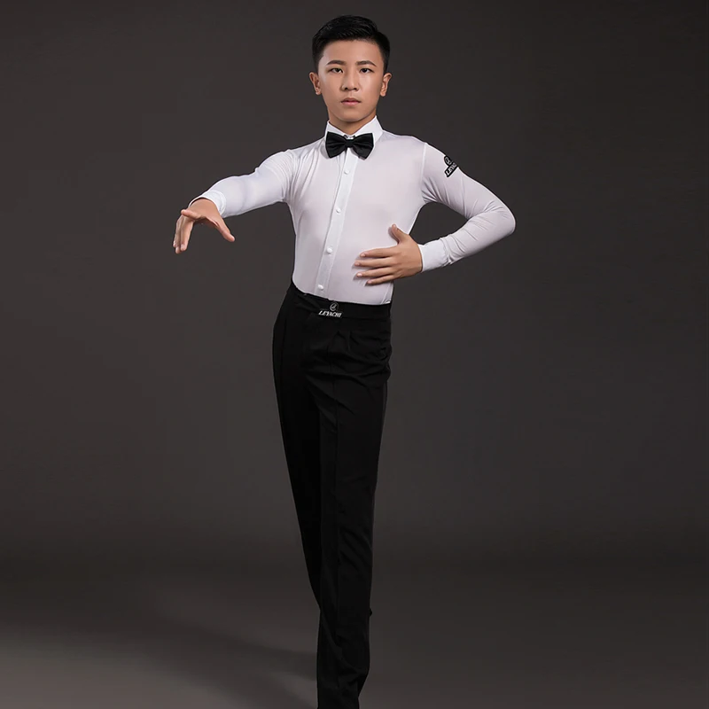 

2025 Latin Dance Costume White Long Sleeves Dance Bodysuit Black Straight Through Pants Set Standard Competition Uniform XH2957