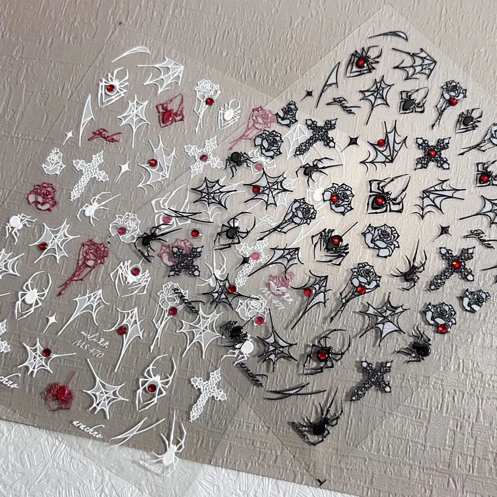 1 قطعة 5D أسود أبيض العنكبوت ويب ارتفع مسمار ملصقات الشرير الأحمر الماس روز الصليب مسمار الشارات Y2K مثير مانيكير الديكور المتزلجون م
