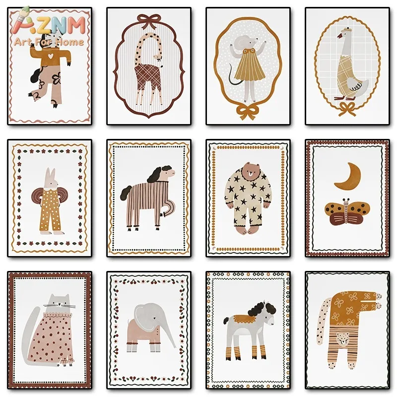 AZNM Boho Cartoon Animal Canvas Wall Art Zebra Giraffe Elephant Cat Vintage Frame Neutral Print Unframed Canvas Kids Baby Nurser