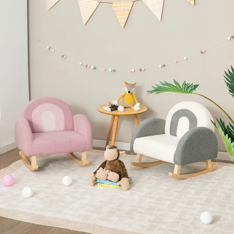 Kids Sofa, Toddler Rocking Chair with Solid Wooden Frame, Anti-Tipping Design, Plush Fabric, Children Armchair for Nursery