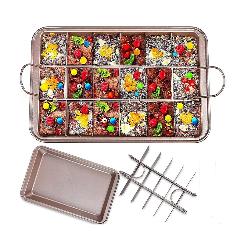 Sartén para Brownie con divisores, bandeja para hornear de acero al carbono con empuñaduras para horno, 18 moldes cuadrados precortados para Brownies