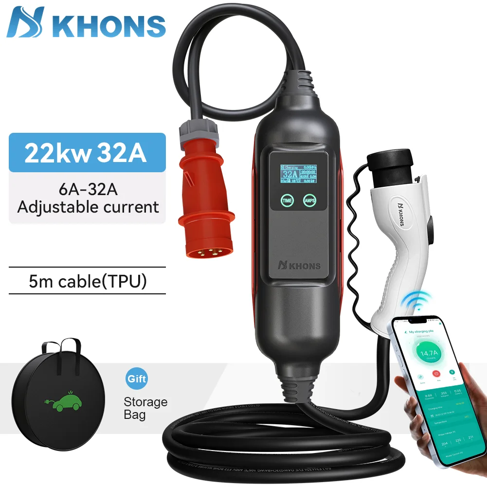 Khons GBT 32A 3 Fasi 22KW Caricatore EV portatile Wi-Fi APP Controllo EVSE Stazione di ricarica per caricabatteria per auto elettrica