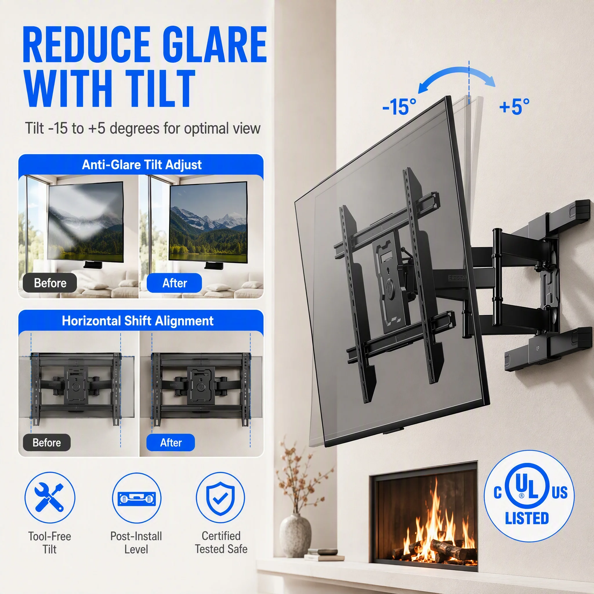 Full Motion TV Wall Mount with Dual Arms, Swivel Tilt TV Bracket for 43‑75 Inch Flat Screen TVs, VESA 200x100‑600x400mm, Holds up to 99 lbs, Level Adjustment & Horizontal Shift, UL Certified