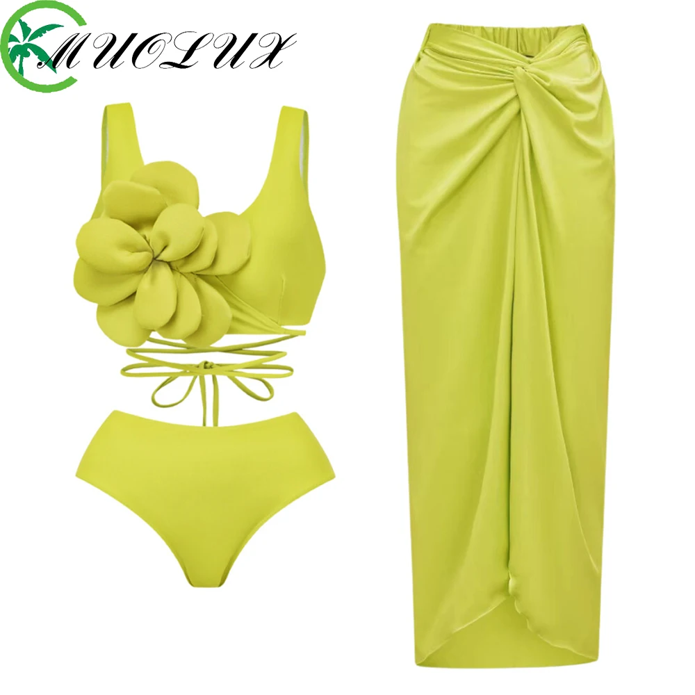 

MUOLUX New Fashion Floral Solid Bikinis Sets Swimwear Women Bandage Swimsuit Women 2024 Cover Up Bikini Luxury Designer Beach