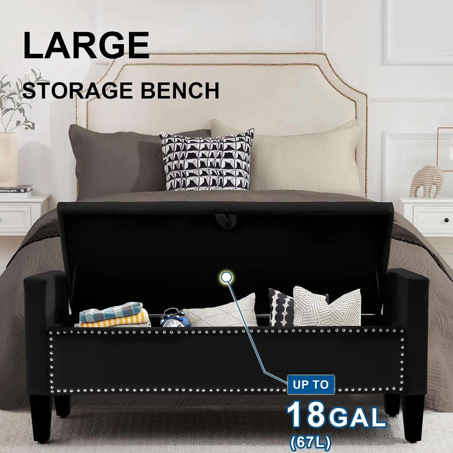 Velvet Storage Ottoman Bench Tufted Seat Wooden Legs Metal Rivets Bedroom  Black, Customized