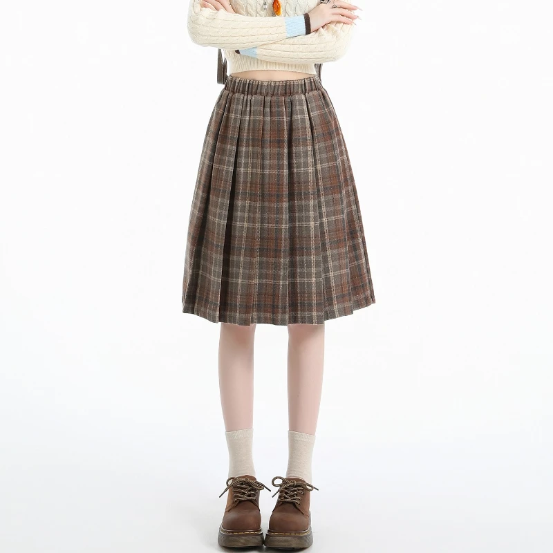 Preppy نمط الصوفية مطوي منقوشة تنورة المرأة خريف شتاء الرجعية مرونة عالية الخصر التنانير الإناث اليابانية ألف خط Faldas 2025 جديد #2