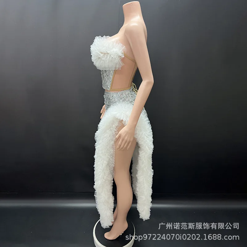 Moda argento e bianco sexy lisca di pesce pizzicata abito in vita compleanno abito di fascia alta modello adulto passerella vestiti alla moda Robe Fête