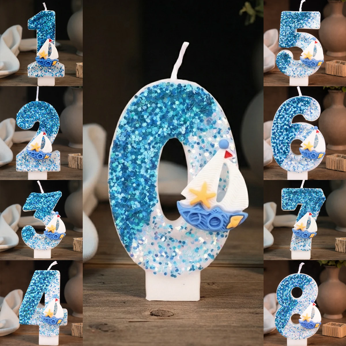 Blue Gradient Sailboat Birthday Candles 0-9 Number Cake Topper Digital Party Anniversary Decor