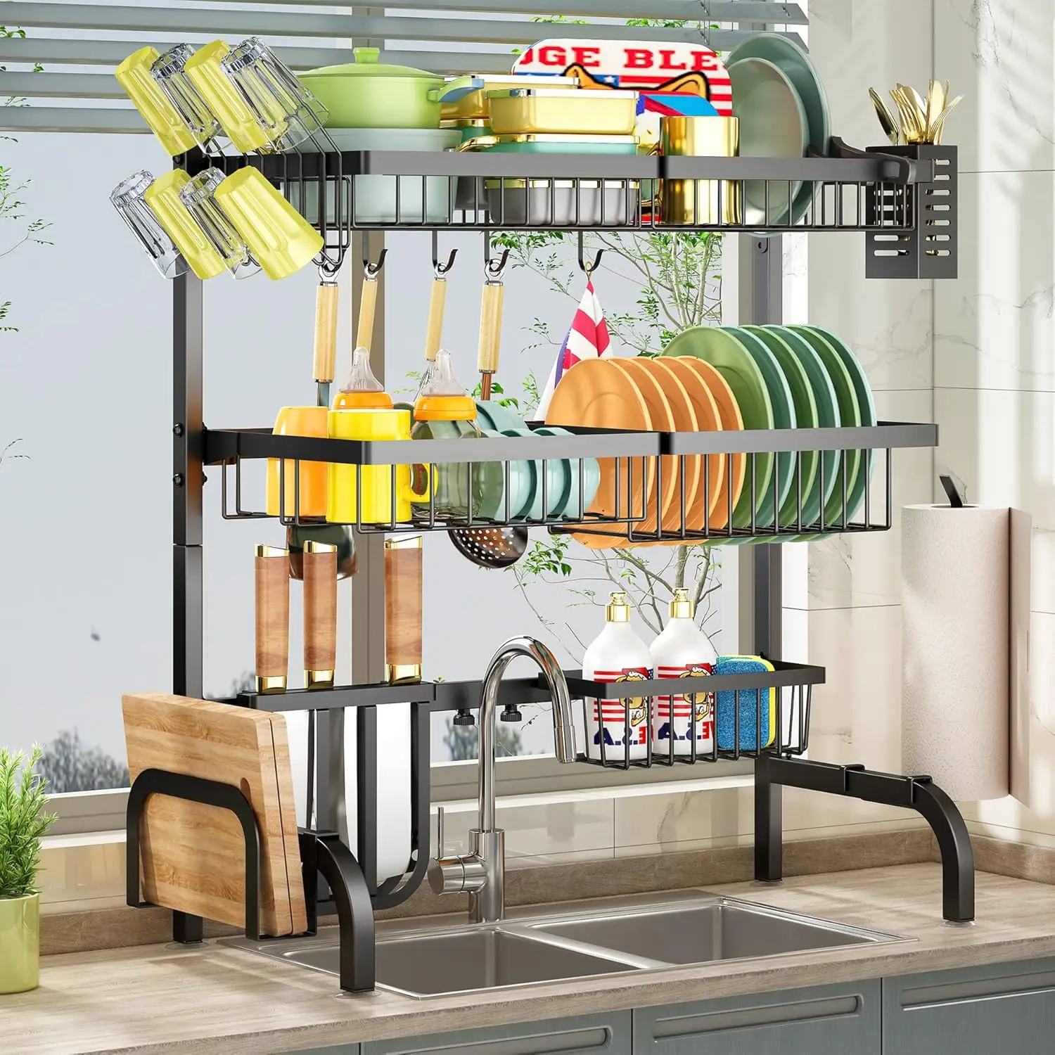 Over The Sink Dish Drying Rack, Adjustable (25.5 to 33.5 inch) 3 Tier Metal Steel Dish Drying Racks for Kitchen Counter